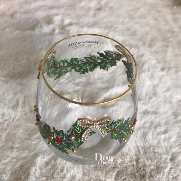 2 Gold Rimmed Holly Berry Ribbon Bow Christmas Stemless Wine Glass